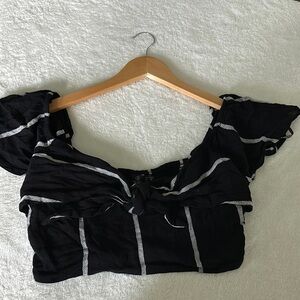 Volcom Black and White Ruffled Tie Front Crop Blouse